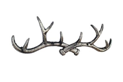 Rustic Silver Cast Iron Antler Wall Hooks 15&quot;