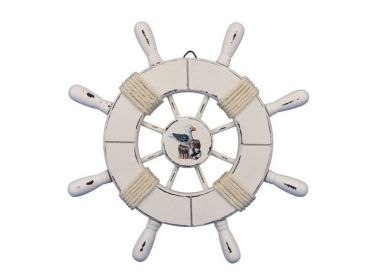 Rustic All White Decorative Ship Wheel With Seagull 9""