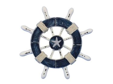 Rustic Dark Blue and White Decorative Ship Wheel With Starfish 6""