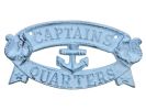 Rustic Dark Blue Whitewashed Cast Iron Captains Quarters Sign 8""