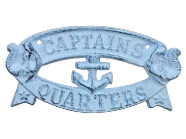 Rustic Dark Blue Whitewashed Cast Iron Captains Quarters Sign 8""