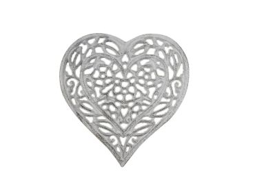 Whitewashed Cast Iron Heart Shaped Trivet 7""