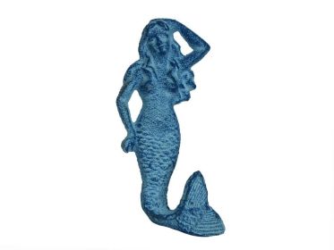 Rustic Light Blue Whitewashed Cast Iron Mermaid Hook 6&quot;