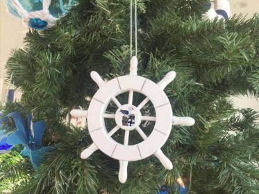 White Decorative Ship Wheel With Seagull Christmas Tree Ornament 6&quot;