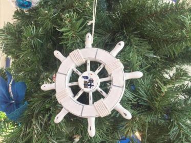 Rustic White Decorative Ship Wheel With Seagull Christmas Tree Ornament 6&quot;