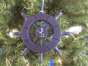 Dark Blue Decorative Ship Wheel With Seagull Christmas Tree Ornament 6""