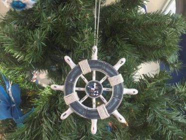 Rustic Dark Blue and White Decorative Ship Wheel With Seagull Christmas Tree Ornament 6""