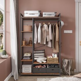 Organized Garment Rack with Storage; Free-Standing Closet System with Open Shelves and Hanging Rod(Rustic Brown; 43.7''w x 15.75''d x 70.08''h).