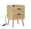 Rattan nightstand with socket side table natural handmade rattan(Natural 15.55''W*13.78''D*23.82''H)