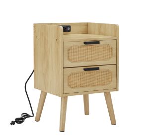 Rattan nightstand with socket side table natural handmade rattan(Natural 15.55''W*13.78''D*23.82''H)