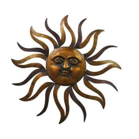 35 Inch Round Wall Mounted Sun Face Accent Decor, Carved Rustic Gold and Black