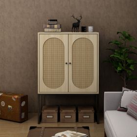 Allen 2 Door high cabinet; rattan; Built-in adjustable shelf; Easy Assembly; Free Standing Cabinet for Living Room Bedroom