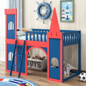 Twin Size Castle Shaped Loft Bed with Underbed Storage Space,Red