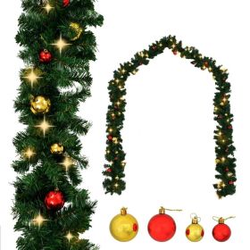 Christmas Garland with Baubles and LED Lights Green 66 ft PVC