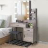 FCH Particleboard Triamine Veneer Iron Legs 2 Drawers 1 Door 2 Shelves Mirror Cabinet 3 Light Bulbs Dressing Table Set Grey