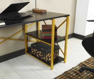 Furnish Home Store Morello Gold Metal Frame 47&quot; Wooden Top 2 Shelves Writing and Computer Desk for Home Office; Black