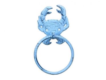 Dark Blue Whitewashed Cast Iron Crab Towel Holder 8""