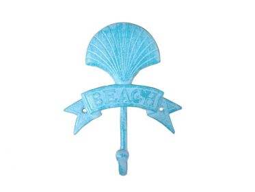 Rustic Light Blue Whitewashed Cast Iron Seashell Beach Hook 8""