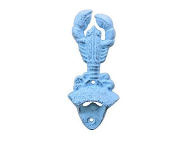 Dark Blue Whitewashed Cast Iron Wall Mounted Lobster Bottle Opener 6""