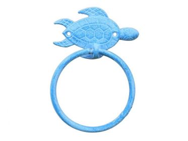 Light Blue Whitewashed Cast Iron Sea Turtle Towel Holder 7""