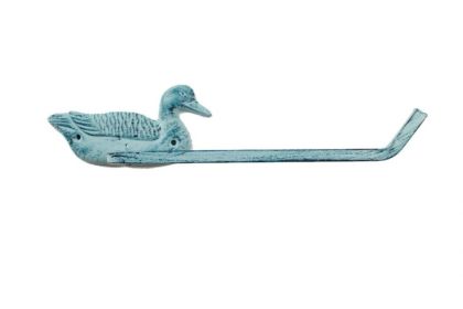 Rustic Dark Blue Whitewashed Cast Iron Mallard Duck Toilet Paper Holder 10""