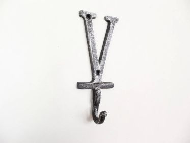 Rustic Silver Cast Iron Letter V Alphabet Wall Hook 6""