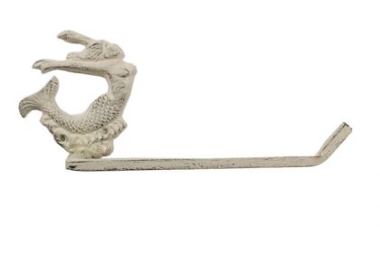 Whitewashed Cast Iron Decorative Arching Mermaid Toilet Paper Holder 11&quot;