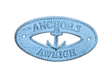 Dark Blue Whitewashed Cast Iron Anchors Aweigh with Anchor Sign 8""