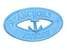 Light Blue Whitewashed Cast Iron Anchors Aweigh with Anchor Sign 8""