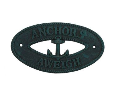 Seaworn Blue Cast Iron Anchors Aweigh with Anchor Sign 8""