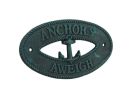 Seaworn Blue Cast Iron Anchors Aweigh with Anchor Sign 8""