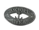 Antique Silver Cast Iron Anchors Aweigh with Anchor Sign 8""