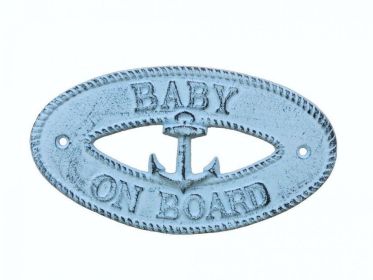 Dark Blue Whitewashed Cast Iron Baby on Board with Anchor Sign 8""