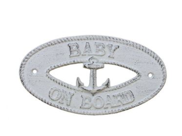 Whitewashed Cast Iron Baby on Board with Anchor Sign 8""