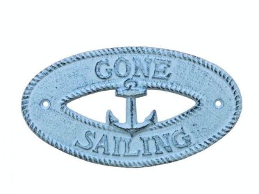 Dark Blue Whitewashed Cast Iron Gone Sailing with Anchor Sign 8""