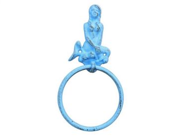 Rustic Light Blue Cast Iron Mermaid Towel Holder 8.5""