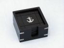 Wooden Black Coasters with Chrome Anchor Inlay 4"" - Set of 6