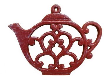 Rustic Red Whitewashed Cast Iron Round Teapot Trivet 8""