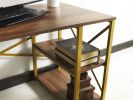 Furnish Home Store Morello Gold Metal Frame 47&quot; Wooden Top 2 Shelves Writing and Computer Desk for Home Office; White