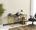 Furnish Home Store Morello Gold Metal Frame 47&quot; Wooden Top 2 Shelves Writing and Computer Desk for Home Office; Black