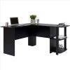 FCH L-Shaped Wood Right-angle Computer Desk with Two-layer Bookshelves Black