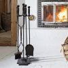 5 Pcs Iron Fireplace Tools Set in Handle Wrought Iron; Fire Tool Set with Log Holder Fire Pit Stand; Black