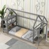 Twin House-Shaped Floor Bed with 2 Detachable Stands,Gray