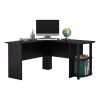 FCH L-Shaped Wood Right-angle Computer Desk with Two-layer Bookshelves Black