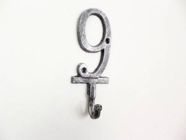 Rustic Silver Cast Iron Number 9 Wall Hook 6""