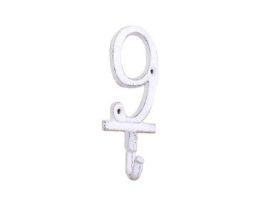 Whitewashed Cast Iron Number 9 Wall Hook 6""