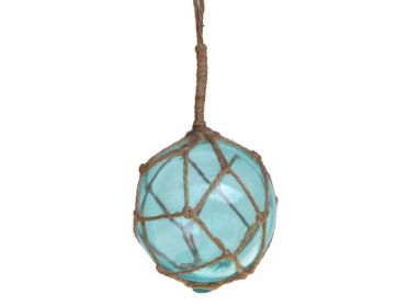 Light Blue Japanese Glass Ball Fishing Float With Brown Netting Decoration 4""