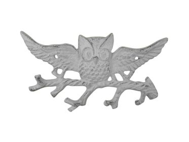 Whitewashed Cast Iron Flying Owl Landing on a Tree Branch Decorative Metal Wall Hooks 7.5""