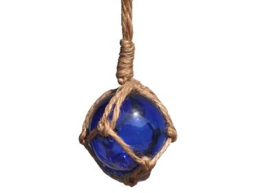 Blue Japanese Glass Ball Fishing Float With Brown Netting Decoration 2""