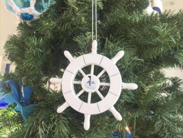 White Decorative Ship Wheel With Sailboat Christmas Tree Ornament 6""